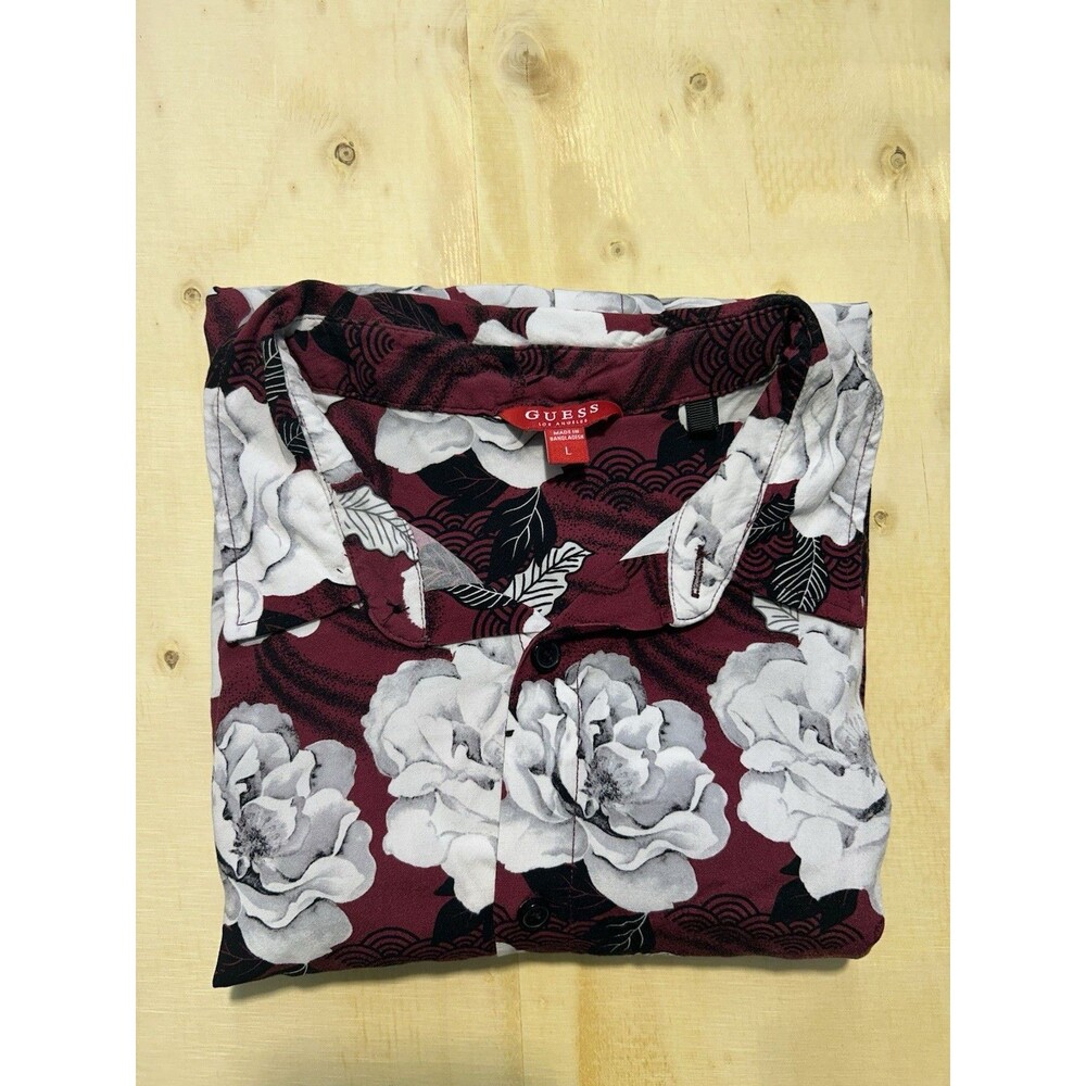 GUESS Men's Floral Burgundy White Short Sleeve Button-Up Shirt Size L